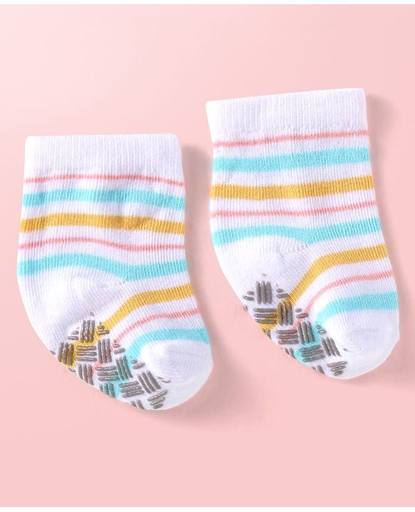 Cute Walk by Babyhug Knit Ankle Length Antibacterial Anti Skid Socks with Stripes & Polka Dots Design Pack of 3 - White Light Blue & Yellow