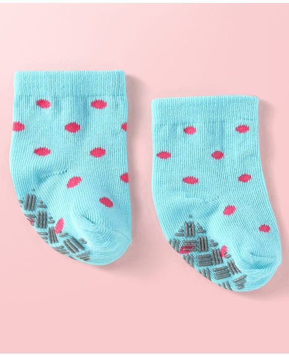 Cute Walk by Babyhug Knit Ankle Length Antibacterial Anti Skid Socks with Stripes & Polka Dots Design Pack of 3 - White Light Blue & Yellow