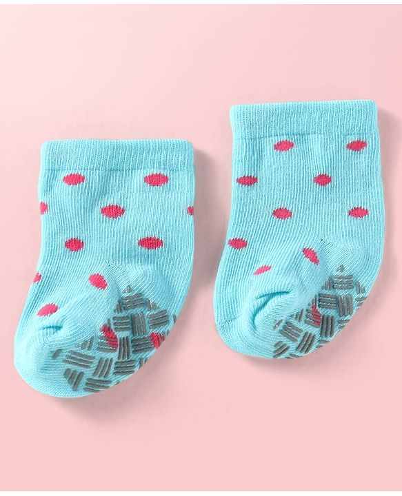 Cute Walk by Babyhug Knit Ankle Length Antibacterial Anti Skid Socks with Stripes & Polka Dots Design Pack of 3 - White Light Blue & Yellow