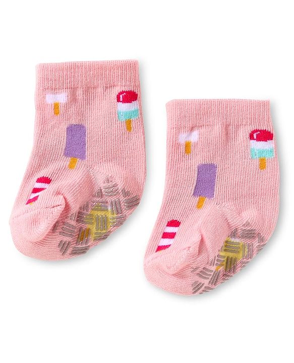 Cute Walk by Babyhug Knit Ankle Length Antibacterial Anti Skid Socks with Polka Dots Animal & Popsical Design Pack of 3 - Pink Lavender & Dark Pink