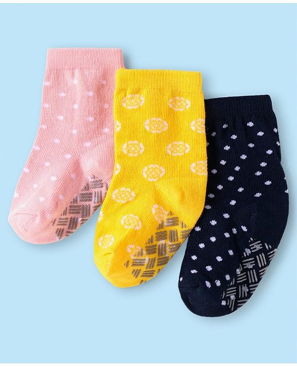 Cute Walk by Babyhug Ankle Length Antibacterial Anti Skid Socks with Stripes Polka Dots  Design Pack Of 3 - Pink Yellow & Black