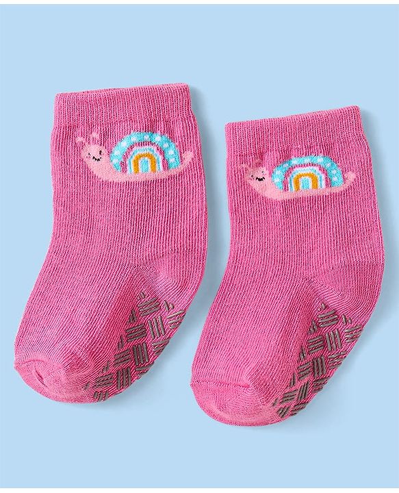 Cute Walk By Babyhug Non Terry Knit Anti-Bacterial Anti-Skid Ankle Length Socks With Rainbow Design Pack Of 3 - White & Pink