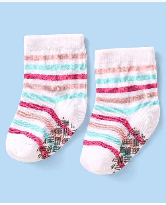 Cute Walk By Babyhug Non Terry Knit Anti-Bacterial Anti-Skid Ankle Length Socks With Rainbow Design Pack Of 3 - White & Pink