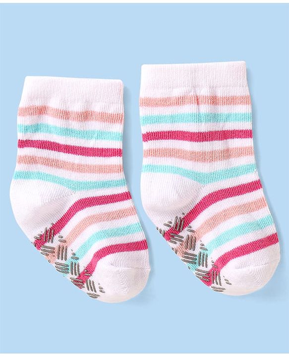 Cute Walk By Babyhug Non Terry Knit Anti-Bacterial Anti-Skid Ankle Length Socks With Rainbow Design Pack Of 3 - White & Pink
