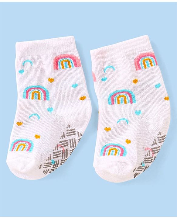 Cute Walk By Babyhug Non Terry Knit Anti-Bacterial Anti-Skid Ankle Length Socks With Rainbow Design Pack Of 3 - White & Pink