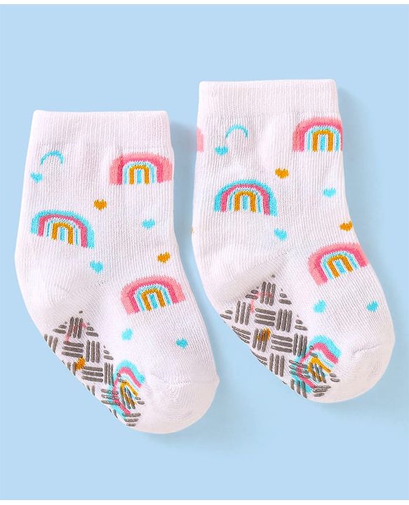 Cute Walk By Babyhug Non Terry Knit Anti-Bacterial Anti-Skid Ankle Length Socks With Rainbow Design Pack Of 3 - White & Pink
