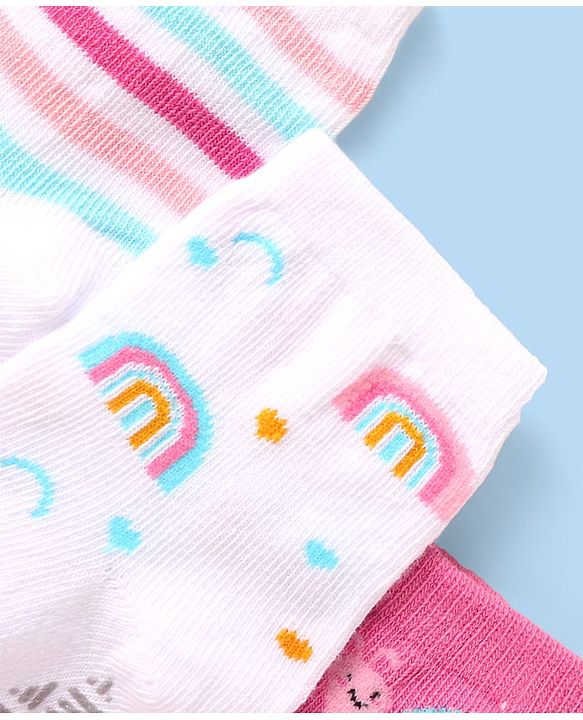 Cute Walk By Babyhug Non Terry Knit Anti-Bacterial Anti-Skid Ankle Length Socks With Rainbow Design Pack Of 3 - White & Pink