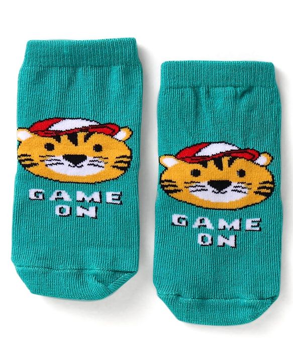 Cute Walk by Babyhug Knit Ankle Length Antibacterial Anti Skid Socks with Stripes & Tiger Design Pack of 3 - Green Light Blue & Yellow