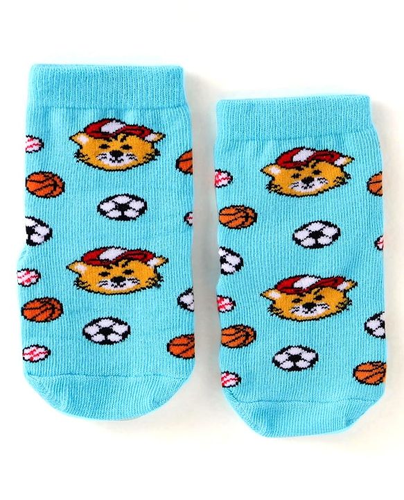 Cute Walk by Babyhug Knit Ankle Length Antibacterial Anti Skid Socks with Stripes & Tiger Design Pack of 3 - Green Light Blue & Yellow