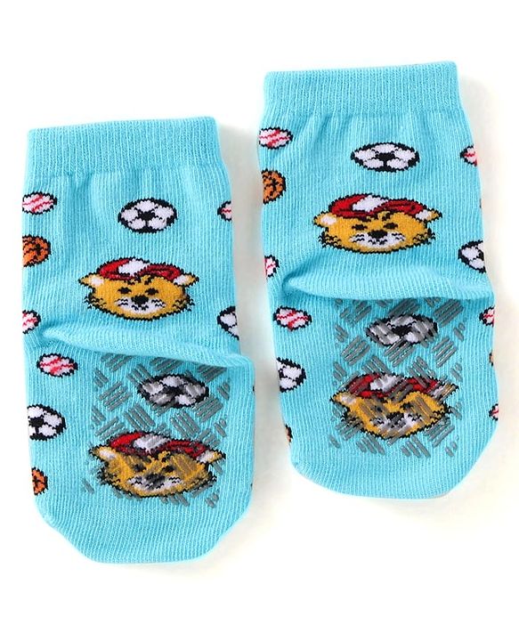 Cute Walk by Babyhug Knit Ankle Length Antibacterial Anti Skid Socks with Stripes & Tiger Design Pack of 3 - Green Light Blue & Yellow