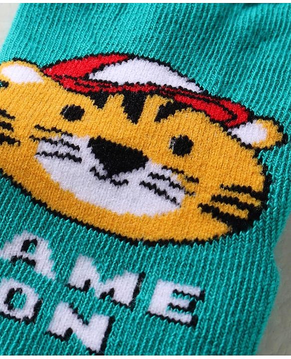 Cute Walk by Babyhug Knit Ankle Length Antibacterial Anti Skid Socks with Stripes & Tiger Design Pack of 3 - Green Light Blue & Yellow