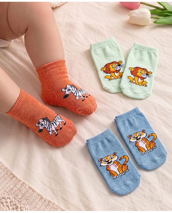 Cute Walk By Babyhug Non Terry Knit Anti-Bacterial Anti-Skid Ankle Length Socks With Animal Design Pack of 3 - Blue Green & Orange