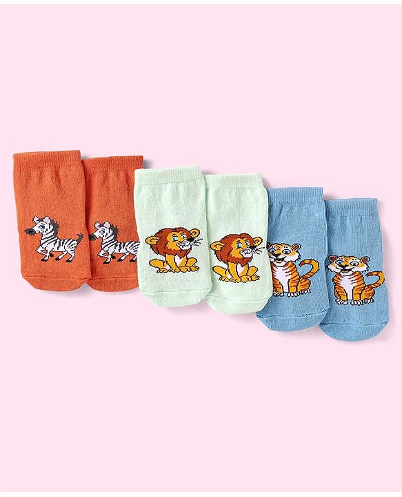 Cute Walk By Babyhug Non Terry Knit Anti-Bacterial Anti-Skid Ankle Length Socks With Animal Design Pack of 3 - Blue Green & Orange