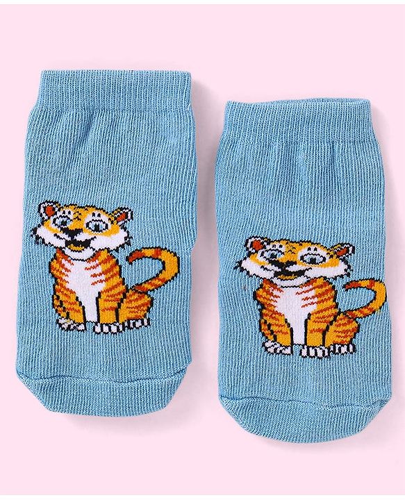 Cute Walk By Babyhug Non Terry Knit Anti-Bacterial Anti-Skid Ankle Length Socks With Animal Design Pack of 3 - Blue Green & Orange
