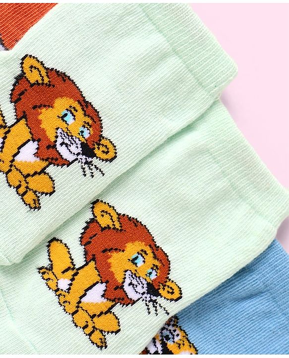 Cute Walk By Babyhug Non Terry Knit Anti-Bacterial Anti-Skid Ankle Length Socks With Animal Design Pack of 3 - Blue Green & Orange