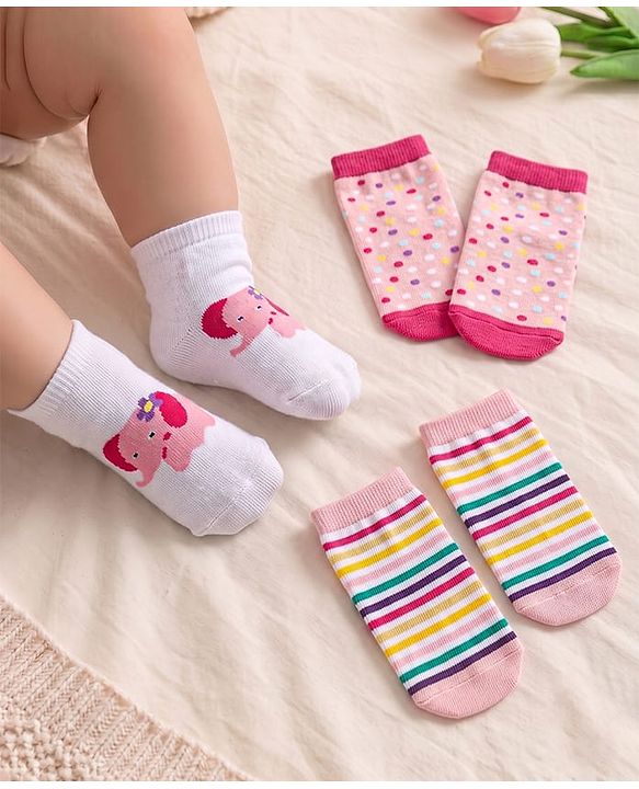 Cute Walk by Babyhug Ankle Length Antibacterial Socks with Stripes Polka Dots & Elephant Design Pack Of 3 - Pink & White