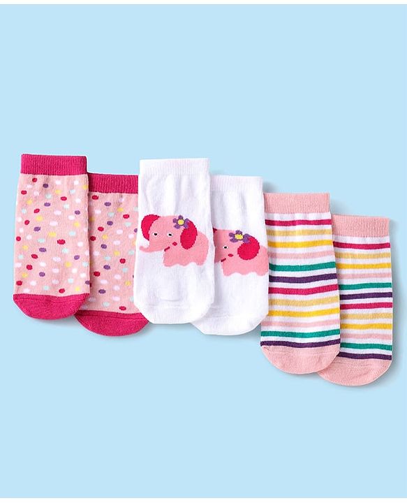 Cute Walk by Babyhug Ankle Length Antibacterial Socks with Stripes Polka Dots & Elephant Design Pack Of 3 - Pink & White