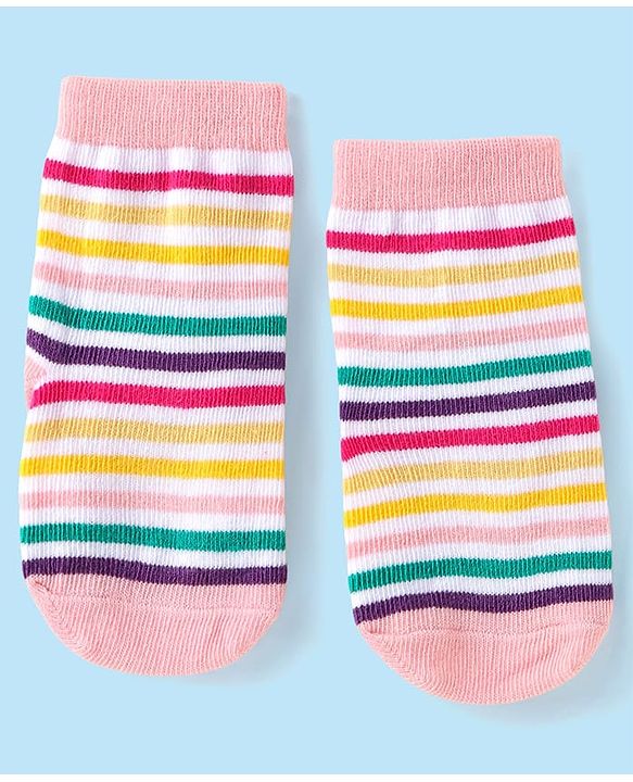 Cute Walk by Babyhug Ankle Length Antibacterial Socks with Stripes Polka Dots & Elephant Design Pack Of 3 - Pink & White