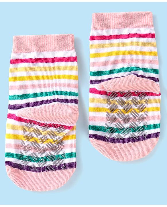 Cute Walk by Babyhug Ankle Length Antibacterial Socks with Stripes Polka Dots & Elephant Design Pack Of 3 - Pink & White