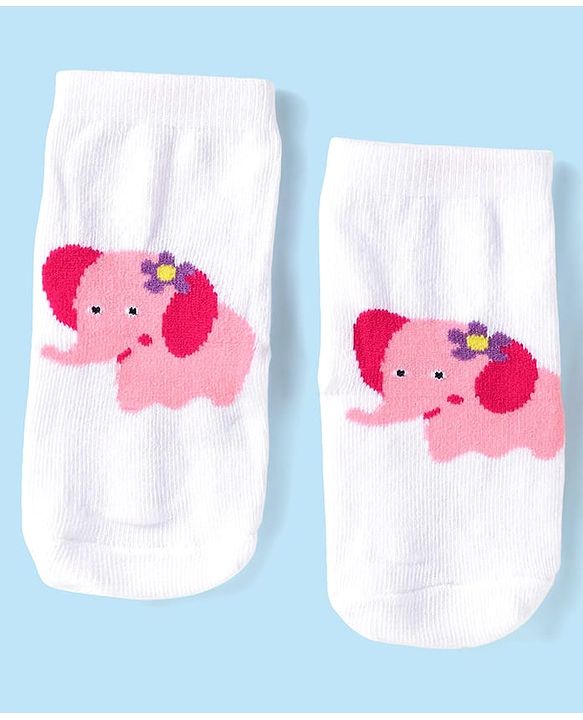 Cute Walk by Babyhug Ankle Length Antibacterial Socks with Stripes Polka Dots & Elephant Design Pack Of 3 - Pink & White