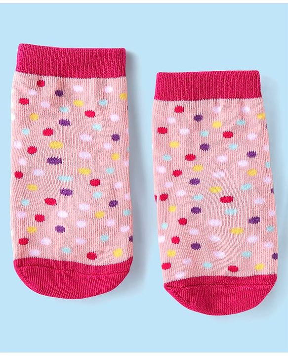 Cute Walk by Babyhug Ankle Length Antibacterial Socks with Stripes Polka Dots & Elephant Design Pack Of 3 - Pink & White