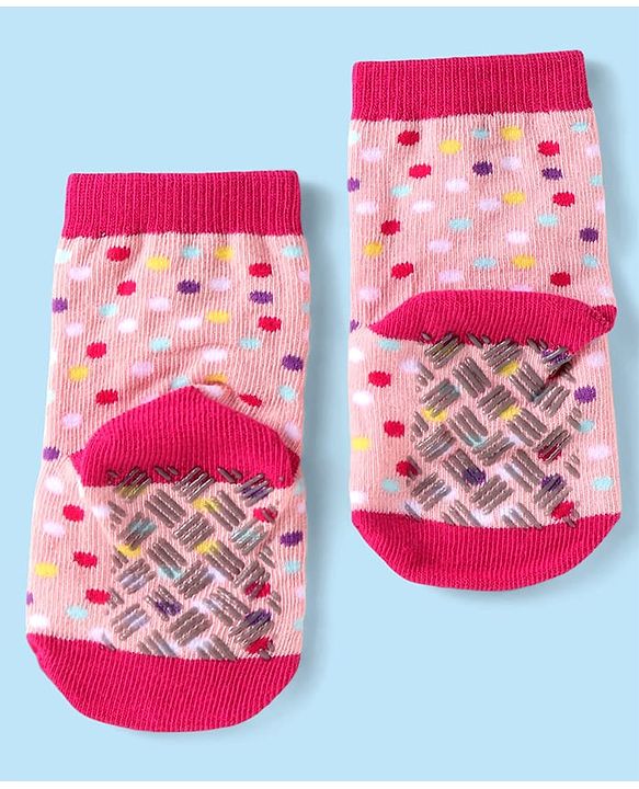 Cute Walk by Babyhug Ankle Length Antibacterial Socks with Stripes Polka Dots & Elephant Design Pack Of 3 - Pink & White