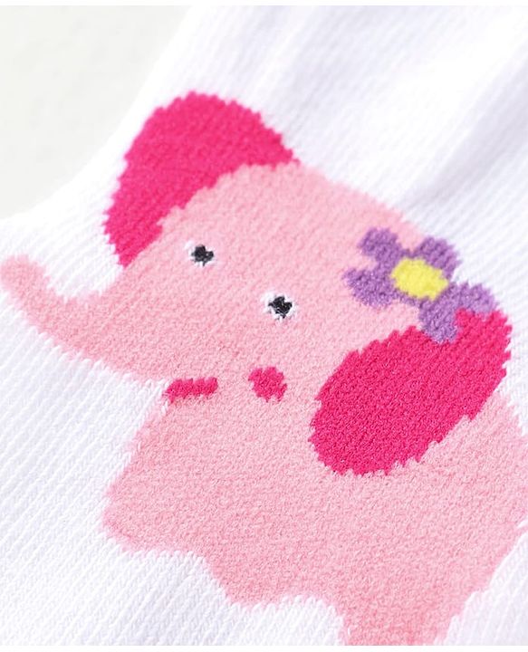 Cute Walk by Babyhug Ankle Length Antibacterial Socks with Stripes Polka Dots & Elephant Design Pack Of 3 - Pink & White