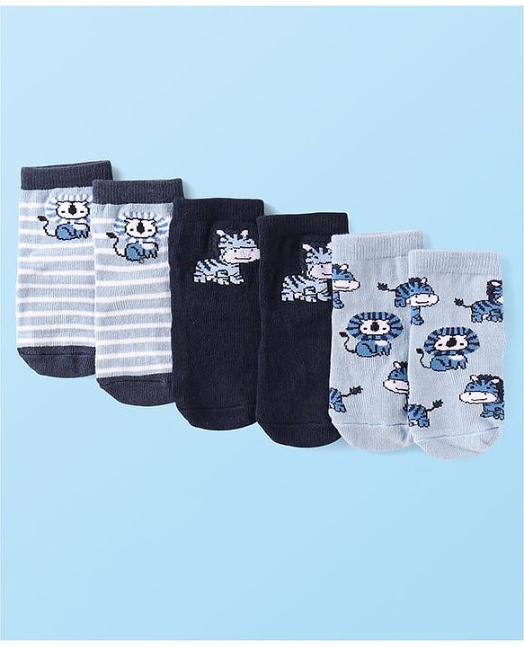 Cute Walk by Babyhug Knit Ankle Length Antibacterial Anti Skid Socks with Stripes & Animal Design Pack of 3 - Navy & Light Blue