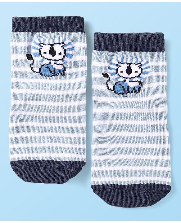 Cute Walk by Babyhug Knit Ankle Length Antibacterial Anti Skid Socks with Stripes & Animal Design Pack of 3 - Navy & Light Blue