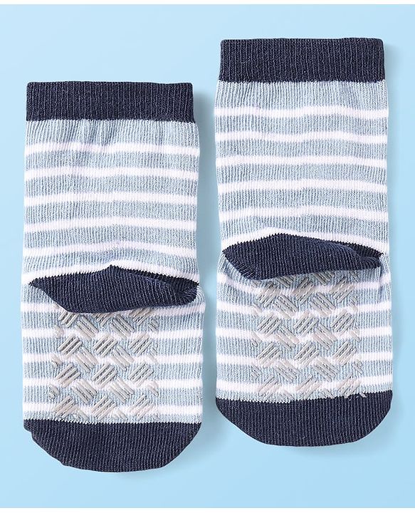 Cute Walk by Babyhug Knit Ankle Length Antibacterial Anti Skid Socks with Stripes & Animal Design Pack of 3 - Navy & Light Blue
