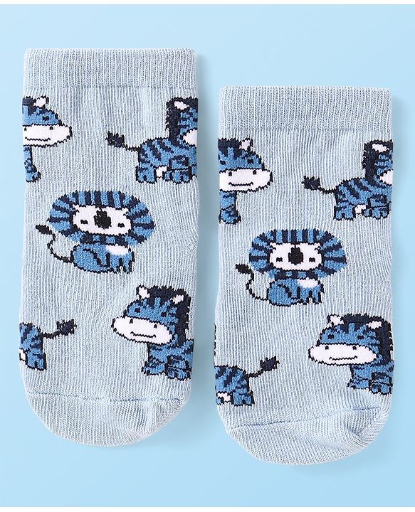 Cute Walk by Babyhug Knit Ankle Length Antibacterial Anti Skid Socks with Stripes & Animal Design Pack of 3 - Navy & Light Blue
