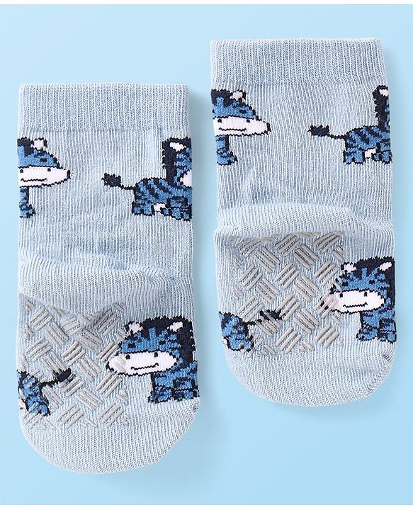Cute Walk by Babyhug Knit Ankle Length Antibacterial Anti Skid Socks with Stripes & Animal Design Pack of 3 - Navy & Light Blue