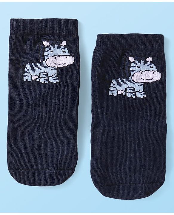 Cute Walk by Babyhug Knit Ankle Length Antibacterial Anti Skid Socks with Stripes & Animal Design Pack of 3 - Navy & Light Blue