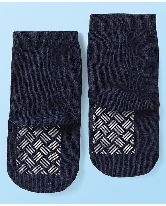 Cute Walk by Babyhug Knit Ankle Length Antibacterial Anti Skid Socks with Stripes & Animal Design Pack of 3 - Navy & Light Blue