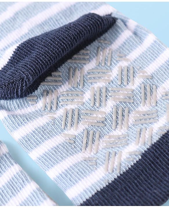 Cute Walk by Babyhug Knit Ankle Length Antibacterial Anti Skid Socks with Stripes & Animal Design Pack of 3 - Navy & Light Blue