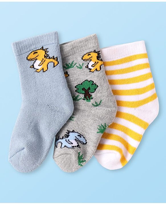 Cute Walk by Babyhug Terry Knit Ankle Length Antibacterial Socks with Dino Design & Stripes Pack of 3 - Grey Light Blue & White