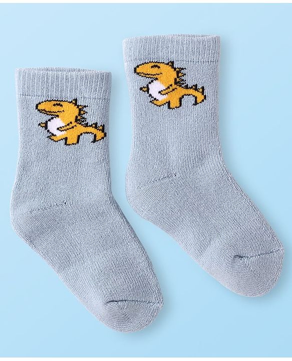 Cute Walk by Babyhug Terry Knit Ankle Length Antibacterial Socks with Dino Design & Stripes Pack of 3 - Grey Light Blue & White