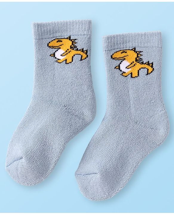Cute Walk by Babyhug Terry Knit Ankle Length Antibacterial Socks with Dino Design & Stripes Pack of 3 - Grey Light Blue & White