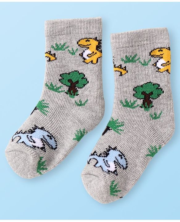 Cute Walk by Babyhug Terry Knit Ankle Length Antibacterial Socks with Dino Design & Stripes Pack of 3 - Grey Light Blue & White