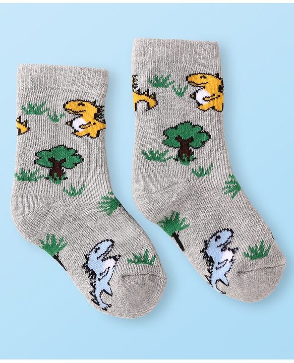 Cute Walk by Babyhug Terry Knit Ankle Length Antibacterial Socks with Dino Design & Stripes Pack of 3 - Grey Light Blue & White