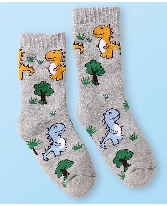 Cute Walk by Babyhug Terry Knit Ankle Length Antibacterial Socks with Dino Design & Stripes Pack of 3 - Grey Light Blue & White