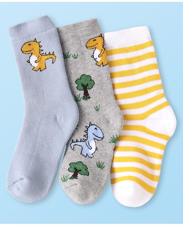 Cute Walk by Babyhug Terry Knit Ankle Length Antibacterial Socks with Dino Design & Stripes Pack of 3 - Grey Light Blue & White