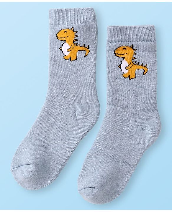 Cute Walk by Babyhug Terry Knit Ankle Length Antibacterial Socks with Dino Design & Stripes Pack of 3 - Grey Light Blue & White