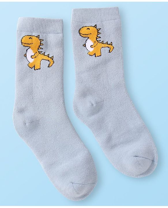 Cute Walk by Babyhug Terry Knit Ankle Length Antibacterial Socks with Dino Design & Stripes Pack of 3 - Grey Light Blue & White