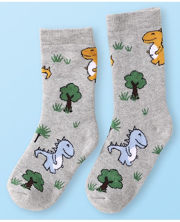 Cute Walk by Babyhug Terry Knit Ankle Length Antibacterial Socks with Dino Design & Stripes Pack of 3 - Grey Light Blue & White