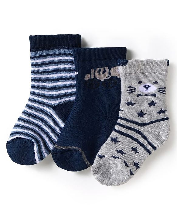 Cute Walk by Babyhug Terry Knit Ankle Length Antibacterial Socks with Stripes & Animal Design Pack of 3 - Navy Blue & Grey