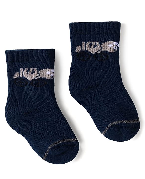 Cute Walk by Babyhug Terry Knit Ankle Length Antibacterial Socks with Stripes & Animal Design Pack of 3 - Navy Blue & Grey