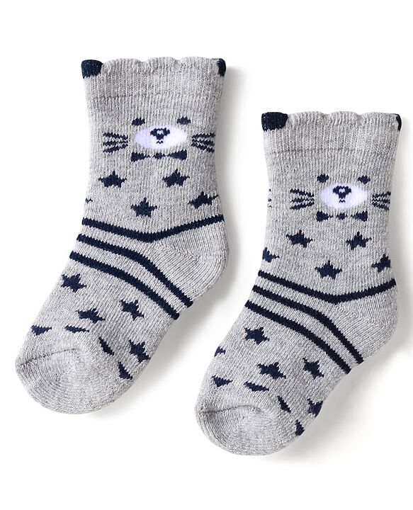 Cute Walk by Babyhug Terry Knit Ankle Length Antibacterial Socks with Stripes & Animal Design Pack of 3 - Navy Blue & Grey