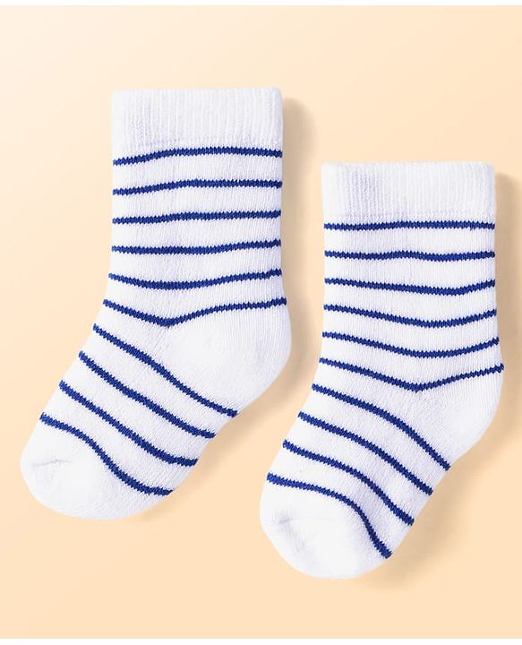 Cute Walk by Babyhug Terry Knit Ankle Length Antibacterial Striped Socks with Stars & Bear Design Pack of 3 - White Blue & Grey