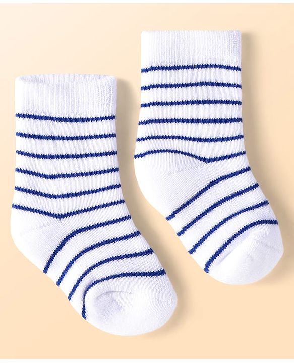 Cute Walk by Babyhug Terry Knit Ankle Length Antibacterial Striped Socks with Stars & Bear Design Pack of 3 - White Blue & Grey